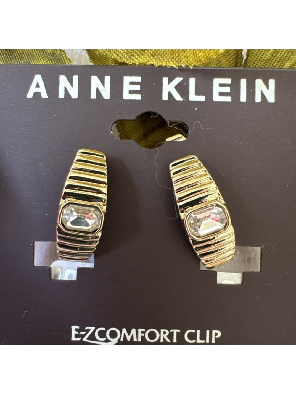 Anne Klein Goldtone CZ Ribbed Flat Hoop Dangle Earrings Clip On 3/4" NEW $26